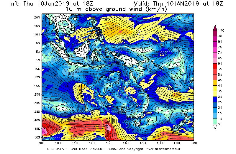 Mappa di analisi GFS - Velocità del vento a 10 metri dal suolo [km/h] in Oceania
									del 10/01/2019 18 <!--googleoff: index-->UTC<!--googleon: index-->