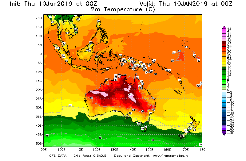 Mappa di analisi GFS - Temperatura a 2 metri dal suolo [°C] in Oceania
									del 10/01/2019 00 <!--googleoff: index-->UTC<!--googleon: index-->