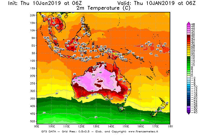 Mappa di analisi GFS - Temperatura a 2 metri dal suolo [°C] in Oceania
									del 10/01/2019 06 <!--googleoff: index-->UTC<!--googleon: index-->