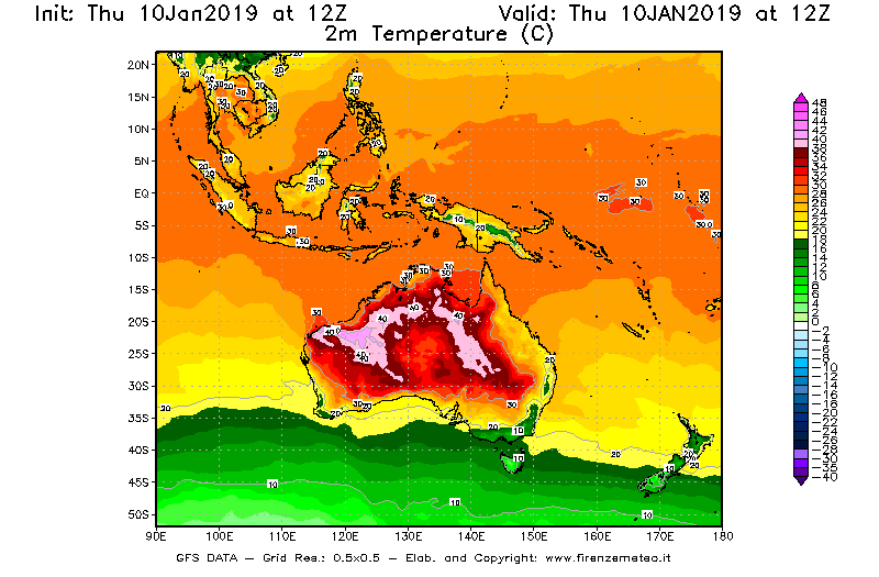 Mappa di analisi GFS - Temperatura a 2 metri dal suolo [°C] in Oceania
									del 10/01/2019 12 <!--googleoff: index-->UTC<!--googleon: index-->