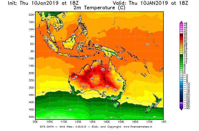 Mappa di analisi GFS - Temperatura a 2 metri dal suolo [°C] in Oceania
									del 10/01/2019 18 <!--googleoff: index-->UTC<!--googleon: index-->