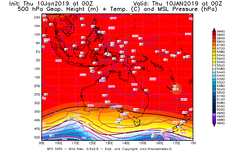 Mappa di analisi GFS - Geopotenziale [m] + Temp. [°C] a 500 hPa + Press. a livello del mare [hPa] in Oceania
									del 10/01/2019 00 <!--googleoff: index-->UTC<!--googleon: index-->