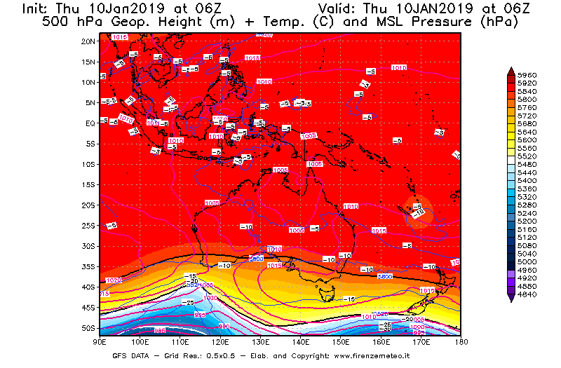 Mappa di analisi GFS - Geopotenziale [m] + Temp. [°C] a 500 hPa + Press. a livello del mare [hPa] in Oceania
									del 10/01/2019 06 <!--googleoff: index-->UTC<!--googleon: index-->