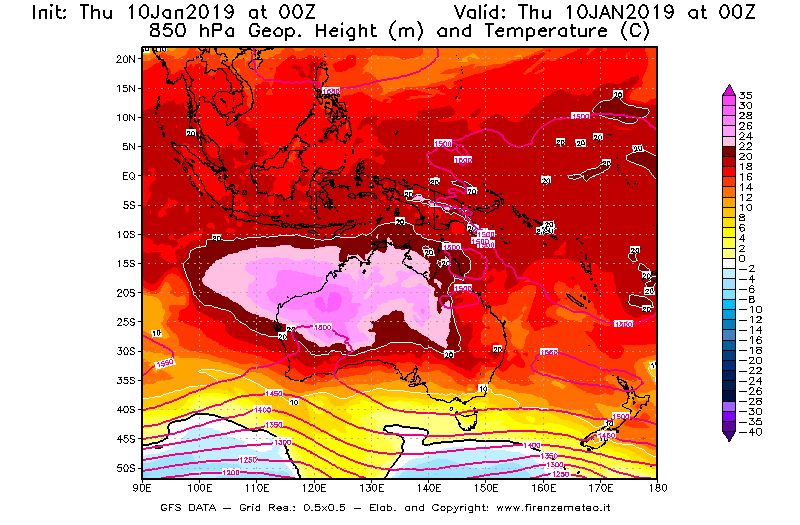 Mappa di analisi GFS - Geopotenziale [m] e Temperatura [°C] a 850 hPa in Oceania
									del 10/01/2019 00 <!--googleoff: index-->UTC<!--googleon: index-->