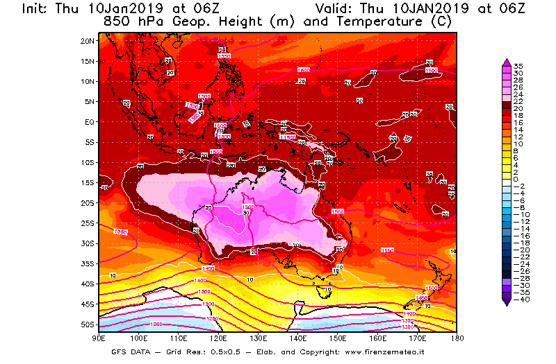 Mappa di analisi GFS - Geopotenziale [m] e Temperatura [°C] a 850 hPa in Oceania
									del 10/01/2019 06 <!--googleoff: index-->UTC<!--googleon: index-->