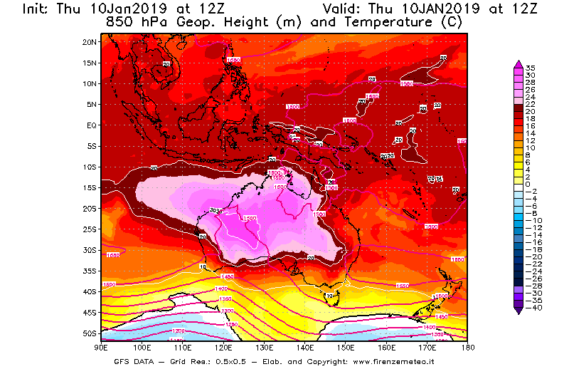Mappa di analisi GFS - Geopotenziale [m] e Temperatura [°C] a 850 hPa in Oceania
									del 10/01/2019 12 <!--googleoff: index-->UTC<!--googleon: index-->