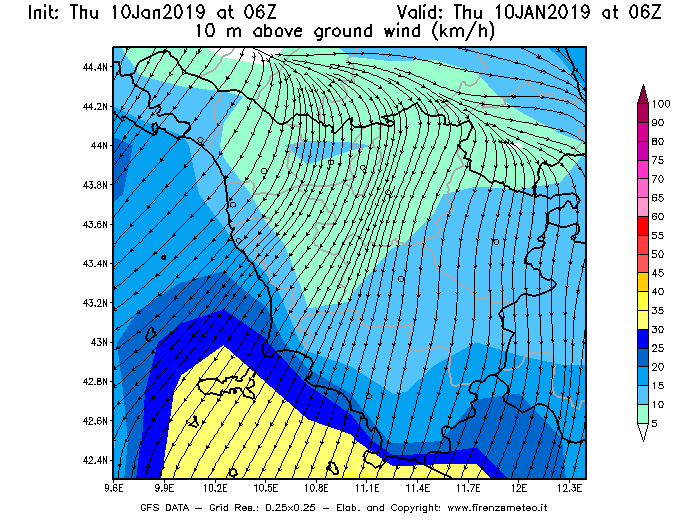 Mappa di analisi GFS - Velocità del vento a 10 metri dal suolo [km/h] in Toscana
									del 10/01/2019 06 <!--googleoff: index-->UTC<!--googleon: index-->