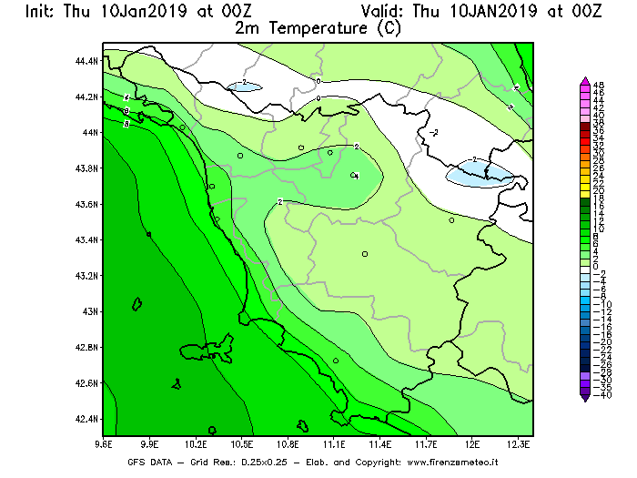 Mappa di analisi GFS - Temperatura a 2 metri dal suolo [°C] in Toscana
									del 10/01/2019 00 <!--googleoff: index-->UTC<!--googleon: index-->