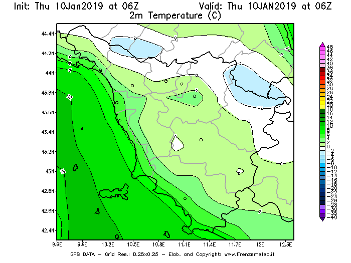 Mappa di analisi GFS - Temperatura a 2 metri dal suolo [°C] in Toscana
									del 10/01/2019 06 <!--googleoff: index-->UTC<!--googleon: index-->