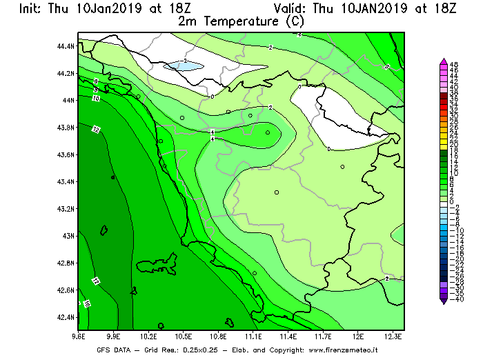 Mappa di analisi GFS - Temperatura a 2 metri dal suolo [°C] in Toscana
									del 10/01/2019 18 <!--googleoff: index-->UTC<!--googleon: index-->