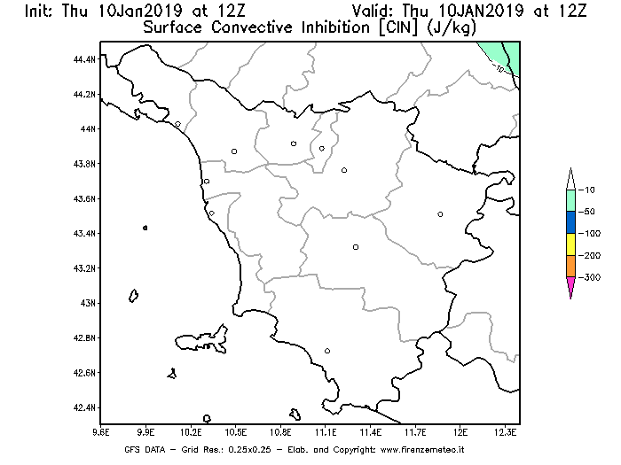 Mappa di analisi GFS - CIN [J/kg] in Toscana
									del 10/01/2019 12 <!--googleoff: index-->UTC<!--googleon: index-->