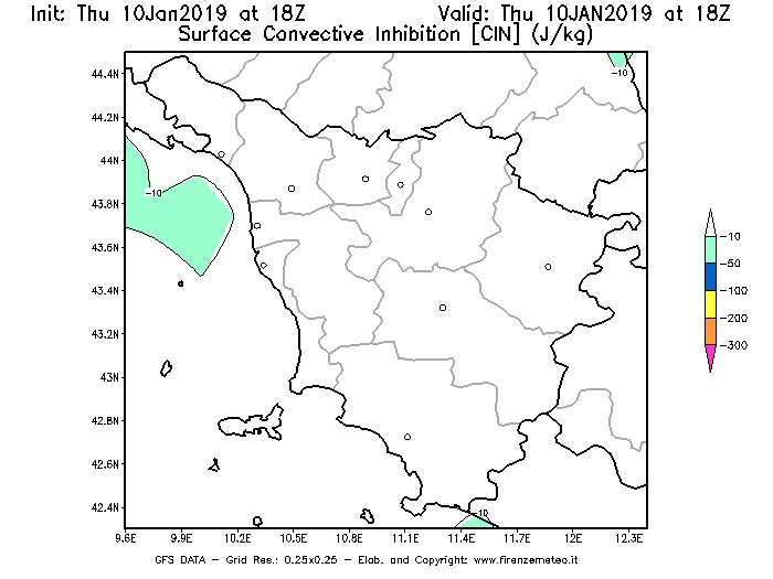 Mappa di analisi GFS - CIN [J/kg] in Toscana
									del 10/01/2019 18 <!--googleoff: index-->UTC<!--googleon: index-->