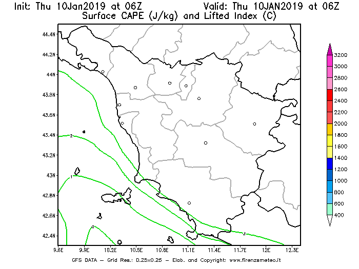 Mappa di analisi GFS - CAPE [J/kg] e Lifted Index [°C] in Toscana
									del 10/01/2019 06 <!--googleoff: index-->UTC<!--googleon: index-->