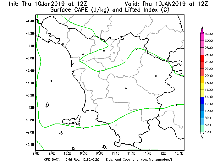 Mappa di analisi GFS - CAPE [J/kg] e Lifted Index [°C] in Toscana
									del 10/01/2019 12 <!--googleoff: index-->UTC<!--googleon: index-->