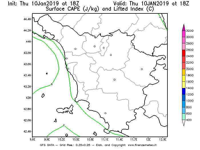 Mappa di analisi GFS - CAPE [J/kg] e Lifted Index [°C] in Toscana
									del 10/01/2019 18 <!--googleoff: index-->UTC<!--googleon: index-->