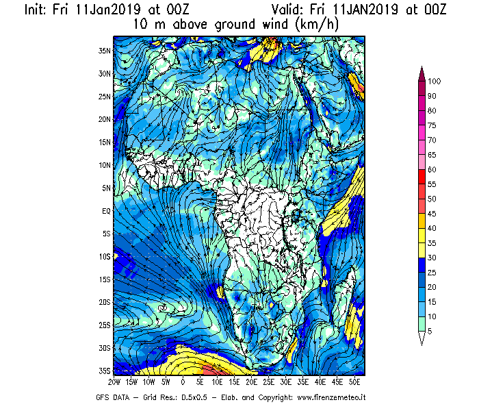 Mappa di analisi GFS - Velocità del vento a 10 metri dal suolo [km/h] in Africa
							del 11/01/2019 00 <!--googleoff: index-->UTC<!--googleon: index-->