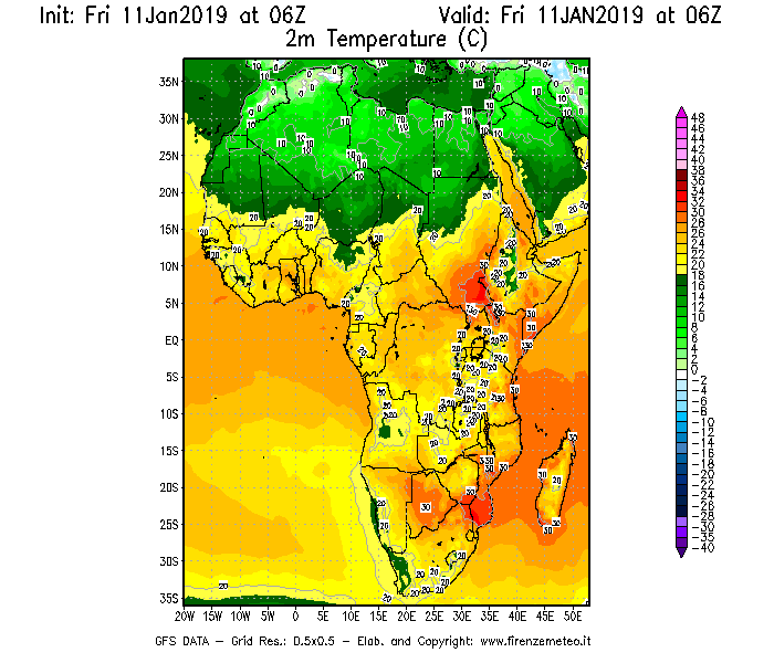 Mappa di analisi GFS - Temperatura a 2 metri dal suolo [°C] in Africa
									del 11/01/2019 06 <!--googleoff: index-->UTC<!--googleon: index-->