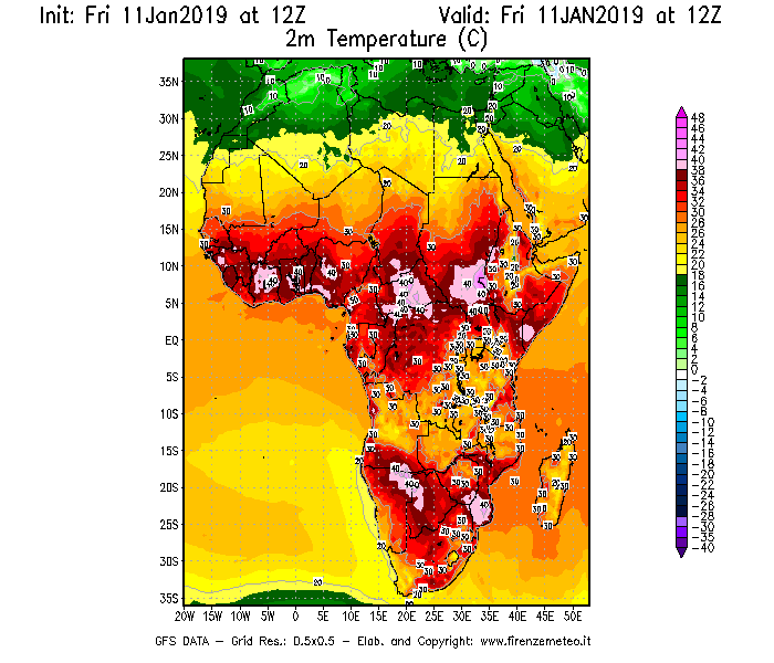 Mappa di analisi GFS - Temperatura a 2 metri dal suolo [°C] in Africa
							del 11/01/2019 12 <!--googleoff: index-->UTC<!--googleon: index-->
