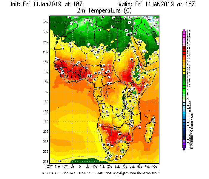 Mappa di analisi GFS - Temperatura a 2 metri dal suolo [°C] in Africa
									del 11/01/2019 18 <!--googleoff: index-->UTC<!--googleon: index-->