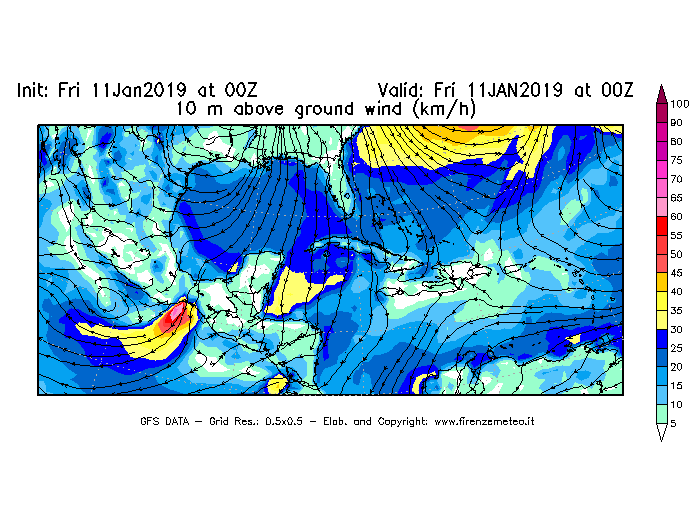 Mappa di analisi GFS - Velocità del vento a 10 metri dal suolo [km/h] in Centro-America
							del 11/01/2019 00 <!--googleoff: index-->UTC<!--googleon: index-->