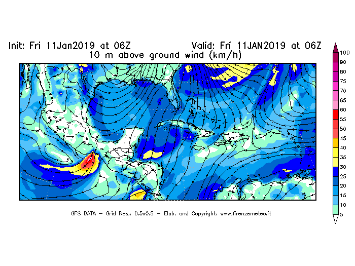 Mappa di analisi GFS - Velocità del vento a 10 metri dal suolo [km/h] in Centro-America
									del 11/01/2019 06 <!--googleoff: index-->UTC<!--googleon: index-->