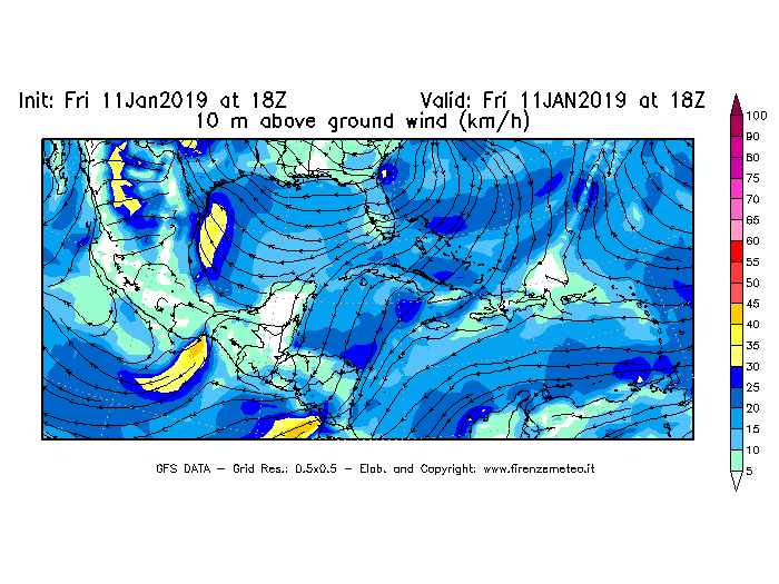 Mappa di analisi GFS - Velocità del vento a 10 metri dal suolo [km/h] in Centro-America
							del 11/01/2019 18 <!--googleoff: index-->UTC<!--googleon: index-->