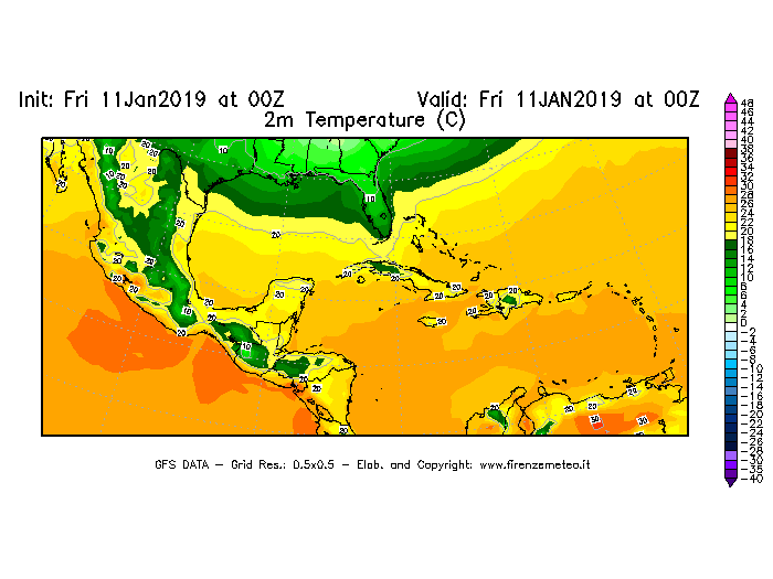 Mappa di analisi GFS - Temperatura a 2 metri dal suolo [°C] in Centro-America
							del 11/01/2019 00 <!--googleoff: index-->UTC<!--googleon: index-->