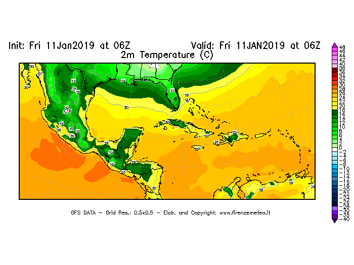 Mappa di analisi GFS - Temperatura a 2 metri dal suolo [°C] in Centro-America
							del 11/01/2019 06 <!--googleoff: index-->UTC<!--googleon: index-->