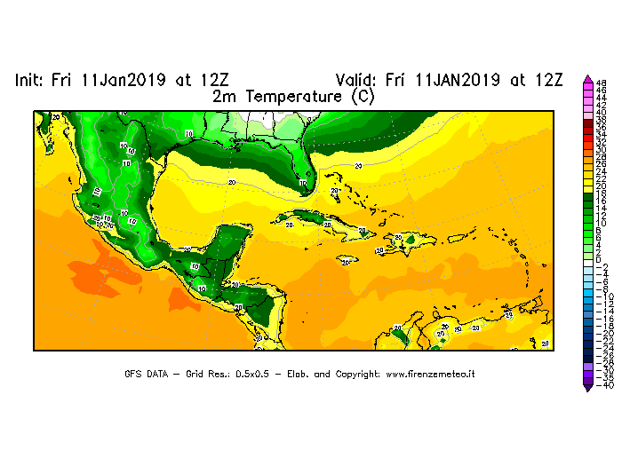 Mappa di analisi GFS - Temperatura a 2 metri dal suolo [°C] in Centro-America
							del 11/01/2019 12 <!--googleoff: index-->UTC<!--googleon: index-->