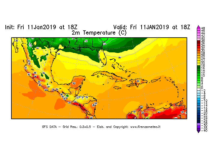 Mappa di analisi GFS - Temperatura a 2 metri dal suolo [°C] in Centro-America
									del 11/01/2019 18 <!--googleoff: index-->UTC<!--googleon: index-->