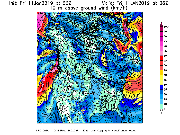 Mappa di analisi GFS - Velocità del vento a 10 metri dal suolo [km/h] in Nord-America
									del 11/01/2019 06 <!--googleoff: index-->UTC<!--googleon: index-->