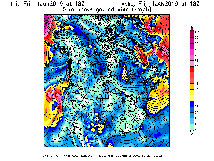 Mappa di analisi GFS - Velocità del vento a 10 metri dal suolo [km/h] in Nord-America
							del 11/01/2019 18 <!--googleoff: index-->UTC<!--googleon: index-->