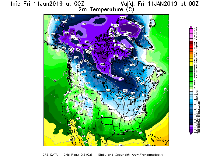 Mappa di analisi GFS - Temperatura a 2 metri dal suolo [°C] in Nord-America
									del 11/01/2019 00 <!--googleoff: index-->UTC<!--googleon: index-->