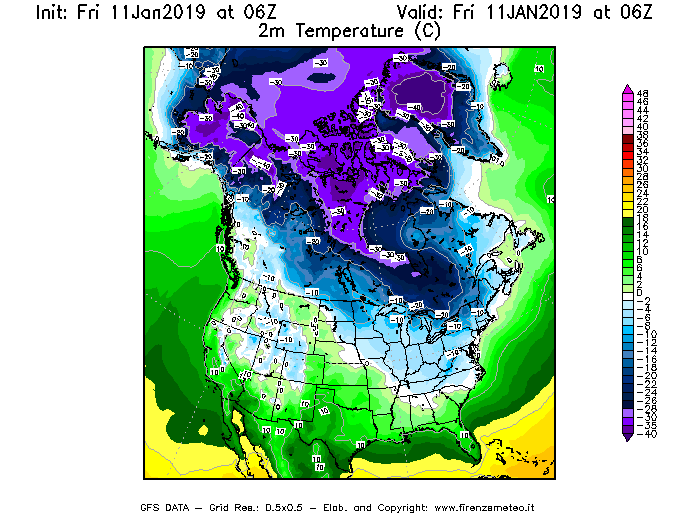 Mappa di analisi GFS - Temperatura a 2 metri dal suolo [°C] in Nord-America
							del 11/01/2019 06 <!--googleoff: index-->UTC<!--googleon: index-->