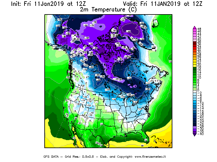 Mappa di analisi GFS - Temperatura a 2 metri dal suolo [°C] in Nord-America
							del 11/01/2019 12 <!--googleoff: index-->UTC<!--googleon: index-->