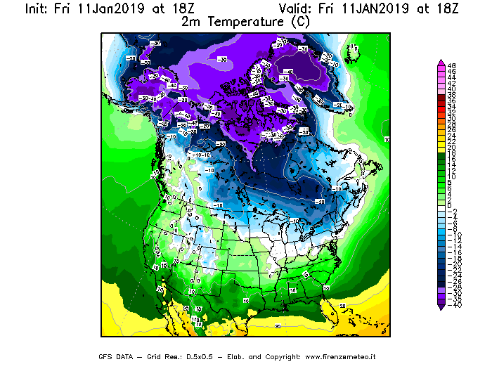 Mappa di analisi GFS - Temperatura a 2 metri dal suolo [°C] in Nord-America
							del 11/01/2019 18 <!--googleoff: index-->UTC<!--googleon: index-->
