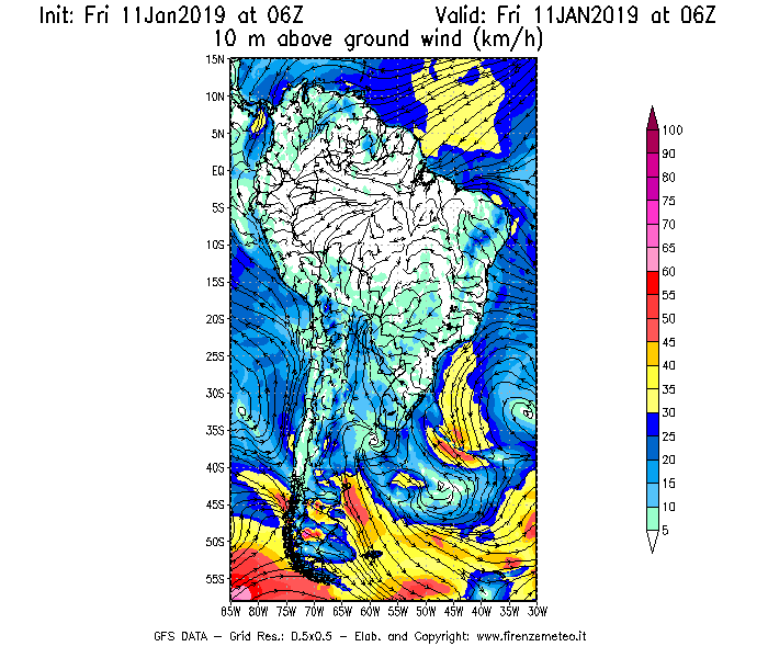 Mappa di analisi GFS - Velocità del vento a 10 metri dal suolo [km/h] in Sud-America
									del 11/01/2019 06 <!--googleoff: index-->UTC<!--googleon: index-->