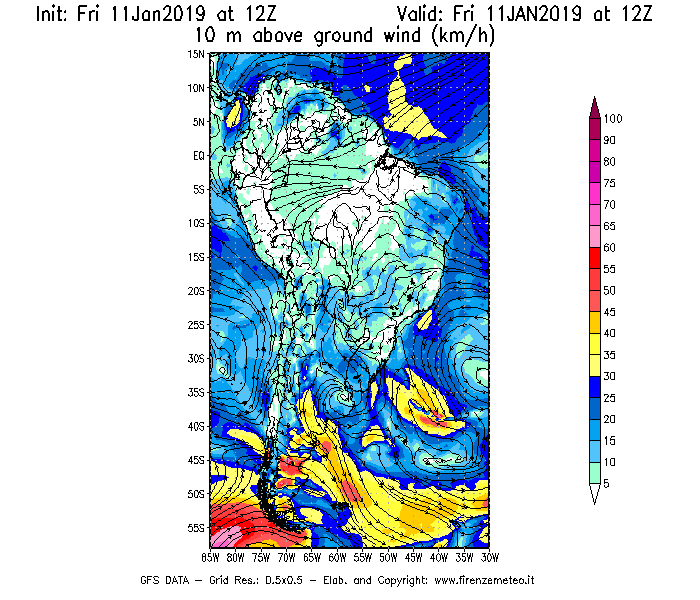 Mappa di analisi GFS - Velocità del vento a 10 metri dal suolo [km/h] in Sud-America
									del 11/01/2019 12 <!--googleoff: index-->UTC<!--googleon: index-->