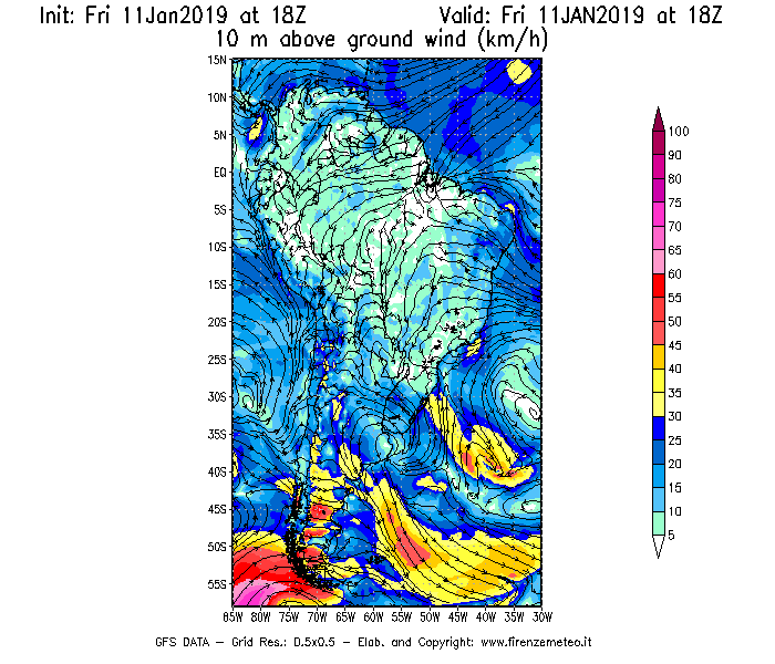 Mappa di analisi GFS - Velocità del vento a 10 metri dal suolo [km/h] in Sud-America
							del 11/01/2019 18 <!--googleoff: index-->UTC<!--googleon: index-->
