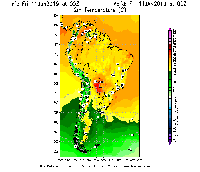 Mappa di analisi GFS - Temperatura a 2 metri dal suolo [°C] in Sud-America
							del 11/01/2019 00 <!--googleoff: index-->UTC<!--googleon: index-->