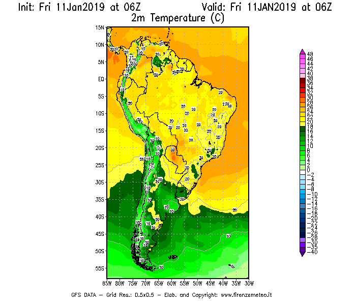Mappa di analisi GFS - Temperatura a 2 metri dal suolo [°C] in Sud-America
							del 11/01/2019 06 <!--googleoff: index-->UTC<!--googleon: index-->