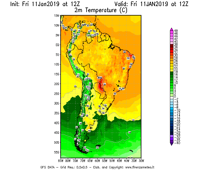 Mappa di analisi GFS - Temperatura a 2 metri dal suolo [°C] in Sud-America
							del 11/01/2019 12 <!--googleoff: index-->UTC<!--googleon: index-->