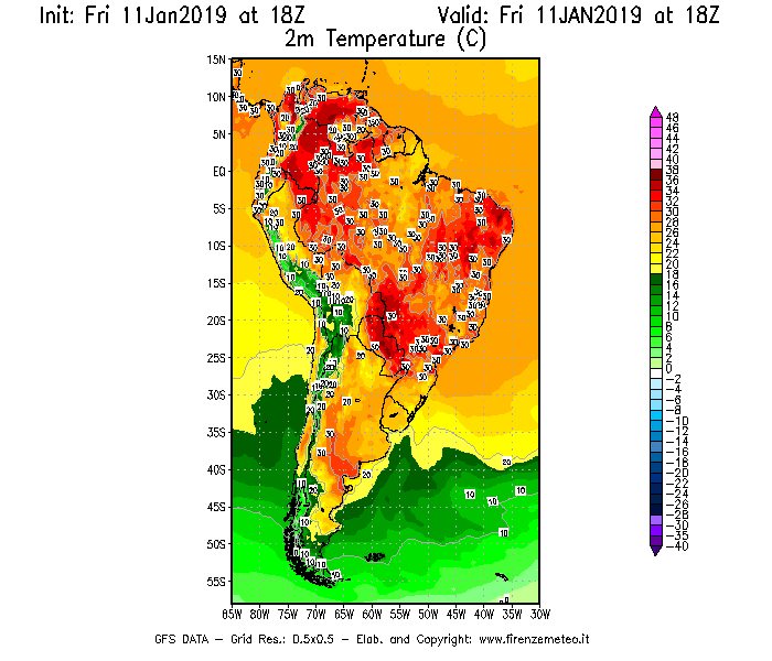 Mappa di analisi GFS - Temperatura a 2 metri dal suolo [°C] in Sud-America
									del 11/01/2019 18 <!--googleoff: index-->UTC<!--googleon: index-->
