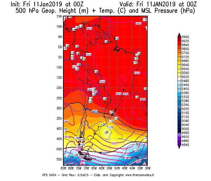 Mappa di analisi GFS - Geopotenziale [m] + Temp. [°C] a 500 hPa + Press. a livello del mare [hPa] in Sud-America
									del 11/01/2019 00 <!--googleoff: index-->UTC<!--googleon: index-->