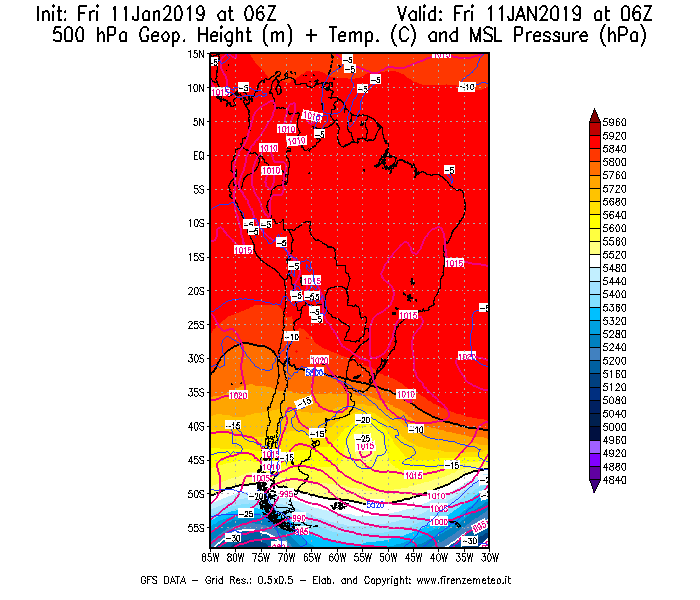 Mappa di analisi GFS - Geopotenziale [m] + Temp. [°C] a 500 hPa + Press. a livello del mare [hPa] in Sud-America
							del 11/01/2019 06 <!--googleoff: index-->UTC<!--googleon: index-->