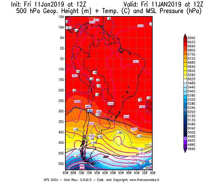 Mappa di analisi GFS - Geopotenziale [m] + Temp. [°C] a 500 hPa + Press. a livello del mare [hPa] in Sud-America
							del 11/01/2019 12 <!--googleoff: index-->UTC<!--googleon: index-->
