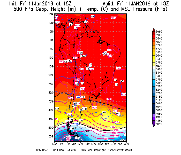 Mappa di analisi GFS - Geopotenziale [m] + Temp. [°C] a 500 hPa + Press. a livello del mare [hPa] in Sud-America
									del 11/01/2019 18 <!--googleoff: index-->UTC<!--googleon: index-->