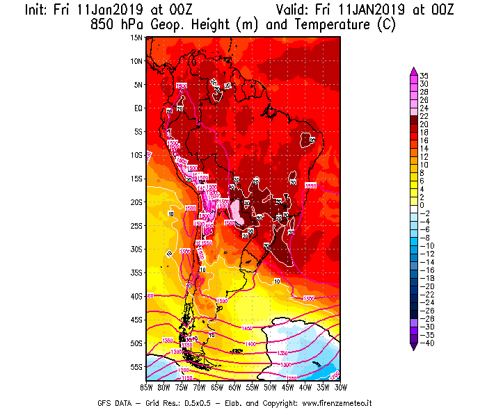 Mappa di analisi GFS - Geopotenziale [m] e Temperatura [°C] a 850 hPa in Sud-America
							del 11/01/2019 00 <!--googleoff: index-->UTC<!--googleon: index-->