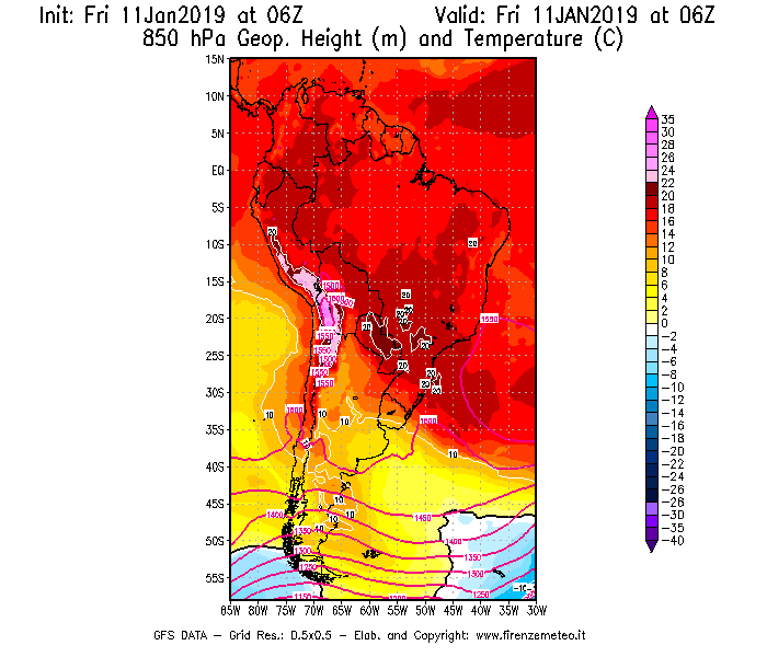 Mappa di analisi GFS - Geopotenziale [m] e Temperatura [°C] a 850 hPa in Sud-America
							del 11/01/2019 06 <!--googleoff: index-->UTC<!--googleon: index-->