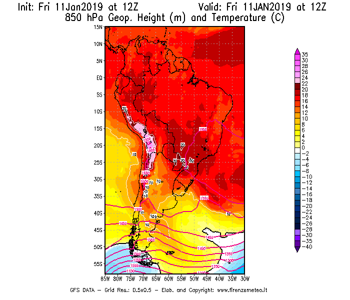 Mappa di analisi GFS - Geopotenziale [m] e Temperatura [°C] a 850 hPa in Sud-America
									del 11/01/2019 12 <!--googleoff: index-->UTC<!--googleon: index-->